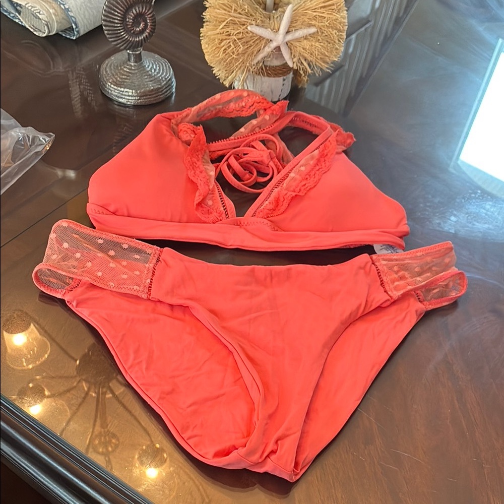 Isabella Rose Coral Lace Trim Bikini Set